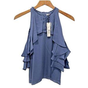 Alice + Olivia Idalla Blue Silk Top Blouse Cold Shoulder Ruffle L NWT $295